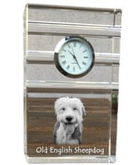 Artdog Old English Sheepdog - skleněné hodiny s fotkou, fotkou psa v křišťálu, personalizované stojící hodinky do kanceláře od Art-Dog