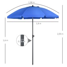 OUTSUNNY Slunečník Na Terasu Ø180Cm Uv Ochrana Slunečník S Nastavitelným Sklonem, 8 Vzpěr, Ocel, Modrá 