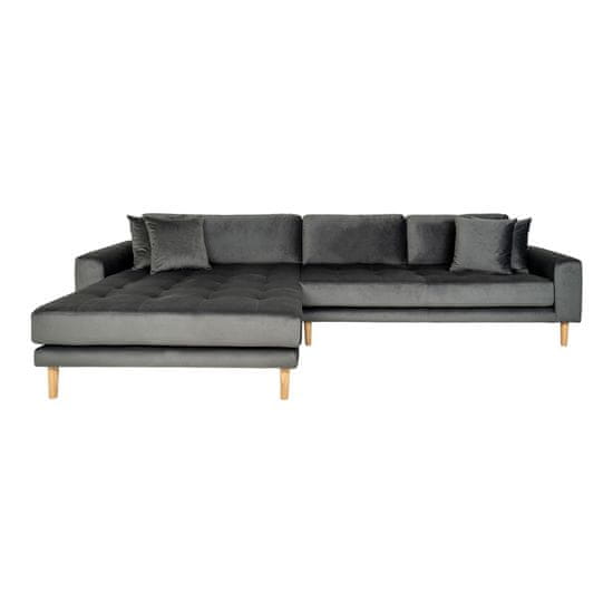 House Nordic Pohovka Lounge Sofa, levá strana, tmavě šedý samet, čtyři polštáře a nohy z přírodního dřeva, HN1013