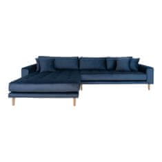 House Nordic Pohovka Lounge Sofa, levá strana, tmavě modrý samet, čtyři polštáře a nohy z přírodního dřeva, HN1005