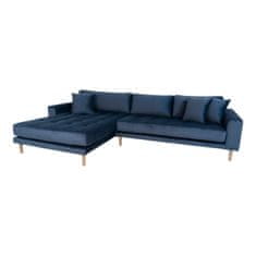 House Nordic Pohovka Lounge Sofa, levá strana, tmavě modrý samet, čtyři polštáře a nohy z přírodního dřeva, HN1005