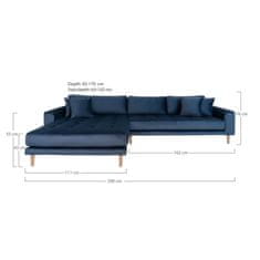 House Nordic Pohovka Lounge Sofa, levá strana, tmavě modrý samet, čtyři polštáře a nohy z přírodního dřeva, HN1005