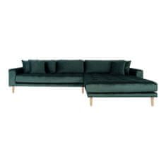 House Nordic Lounge Sofa, pravá strana, tmavě zelený samet, čtyři polštáře a nohy z přírodního dřeva, HN1006