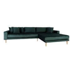 House Nordic Lounge Sofa, pravá strana, tmavě zelený samet, čtyři polštáře a nohy z přírodního dřeva, HN1006