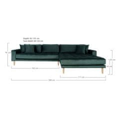 House Nordic Lounge Sofa, pravá strana, tmavě zelený samet, čtyři polštáře a nohy z přírodního dřeva, HN1006