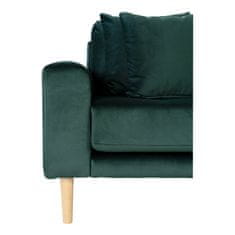 House Nordic Lounge Sofa, pravá strana, tmavě zelený samet, čtyři polštáře a nohy z přírodního dřeva, HN1006