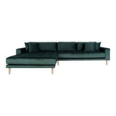 House Nordic Pohovka Lounge Sofa, levá strana, tmavě zelený samet, čtyři polštáře a nohy z přírodního dřeva, HN1006