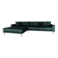 House Nordic Pohovka Lounge Sofa, levá strana, tmavě zelený samet, čtyři polštáře a nohy z přírodního dřeva, HN1006