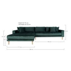 House Nordic Pohovka Lounge Sofa, levá strana, tmavě zelený samet, čtyři polštáře a nohy z přírodního dřeva, HN1006