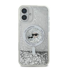 Karl Lagerfeld Zadní kryt Liquid Glitter Karl and Choupette Heads MagSafe pro iPhone 16 Transparent