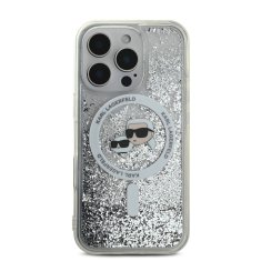 Karl Lagerfeld Zadní kryt Liquid Glitter Karl and Choupette Heads MagSafe pro iPhone 16 Pro Transparent