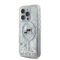 Karl Lagerfeld Zadní kryt Liquid Glitter Karl and Choupette Heads MagSafe pro iPhone 16 Pro Transparent