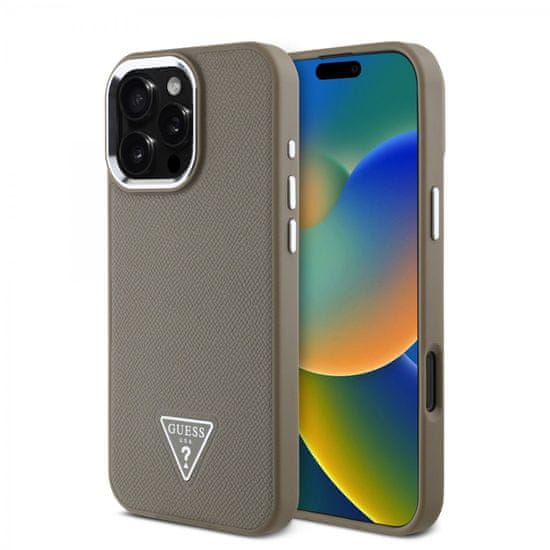 Guess Zadní kryt PU Grained Triangle Logo pro iPhone 16 Pro Brown