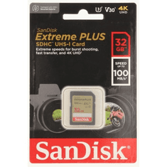 SanDisk Extreme PLUS 32GB SDHC Memory Card 100MB/s and 60MB/s, UHS-I, Class 10, U3, V30