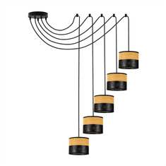 LYSNE.PL  Moderní závěsné svítidlo s 5 stínidly WAIKIKI W5 DUAL - kovový stropní lustr s černým prolamováním a dubovou dýhou. , černá