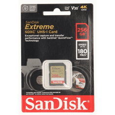 SanDisk Extreme 256 GB SDXC Memory Card 180 MB/s and 130 MB/s UHS-I, Class 10, U3, V30