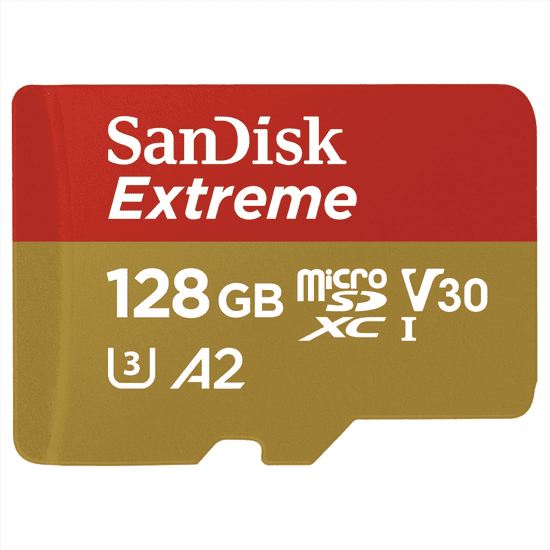 SanDisk Extreme microSDXC 128GB pro akční kamery + SD Adapter 190MB/s and 90MB/s, A2 C10 V30 UHS-I U4