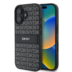 DKNY Zadní kryt PU Leather Repeat Pattern Tonal Stripe pro iPhone 16 Plus Black