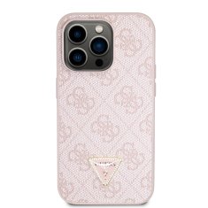 Guess  PU 4G Strass Triangle Metal Logo Zadní Kryt pro iPhone 15 Pro Pink