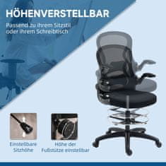 VINSETTO Kancelářská Židle Ergonomická Pracovní Židle S Nastavitelným Nožním Kruhem, 110-130 Cm Výškově Nastavitelná, Kolečka, Bederní Opěrka, Černá 