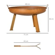 OUTSUNNY Fire Bowl Garden Fire Basket Iron Rust Brown 71X60X36Cm Poker 