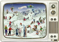 Dům Vánoc Pohlednicový miniaturní adventní kalendář Retro televize 8,5x6 cm