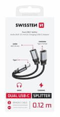 SWISSTEN nabíjecí audio adaptér Textile USB-C (samec) / USB-C (samice) a 3,5mm AUX 0,12 M černý 73502301