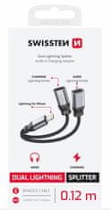 SWISSTEN nabíjecí audio adaptér Textile LIGHTNING (samec) / 2x LIGHTNING (samice) 0,12 M černý 73502303