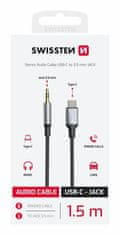 SWISSTEN audio adaptér Textile USB-C (samec) / 3,5 mm JACK (samec) 1,5M černý (nahrazuje 73501303) 73502309