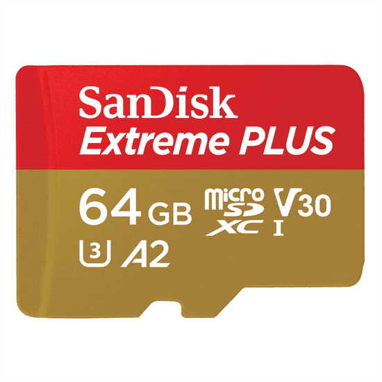 SanDisk Extreme PLUS microSDXC 64GB + SD Adapter 200MB/s and 90MB/s A2 C10 V30 UHS-I U8