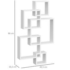 HOMCOM Nástěnná Police, Plovoucí Police, Nástěnná Police S 5 Kostkami A 9 Přihrádkami, Jedlové Dřevo, Bílá, 49,5X10,2X86Cm 