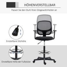 VINSETTO Ergonomická Kancelářská Židle, Psací Stůl, Otočná Židle, Kreslicí Židle, Nastavitelný Kruh Na Nohy, Do 120 Kg, Černá, 60X56X110-132 Cm 