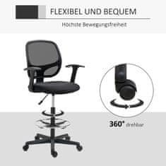 VINSETTO Ergonomická Kancelářská Židle, Psací Stůl, Otočná Židle, Kreslicí Židle, Nastavitelný Kruh Na Nohy, Do 120 Kg, Černá, 60X56X110-132 Cm 