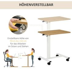 HOMCOM Stojací Stůl Výškově Stavitelný S Kolečky, Tvar C, Prostorově Nenáročný, Stolek Pod Notebook, Přírodní + Bílý, 70-110 Cm, Do 70 Kg 