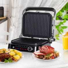 HOMCOM Elektrický Gril Kontaktní Gril 95° Sklopný, Optigrill, Inteligentní Řízení Času, 2100W, 8 Režimů, 38X33X20Cm 