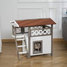 PAWHUT Cat House Jedle Wood House Pro Malá Zvířata S Terasou A Schody, Tepelně Izolovaný, Odolný Vůči Povětrnostním Vlivům, Pro Vnitřní I Venkovní 