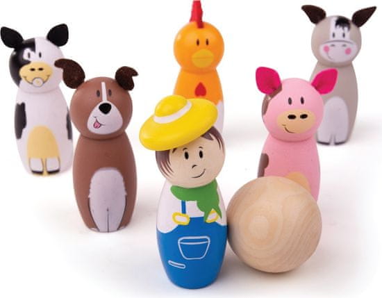 Bigjigs Toys Dřevěné kuželky FARM vícebarevné