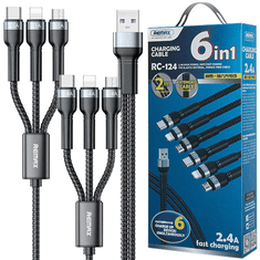 REMAX REMAX JANY SERIES 6-V-1 MULTIFUNKČNÍ KABEL S USB, 2 X MICRO USB, 2 X USB TYPE C, 2 X LIGHTNING KONEKTORY, 2 M DLOUHÝ, ČERNÝ (RC-124)