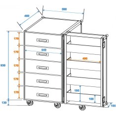 Roadinger TSF-1, univerzální racková skříň se zásuvkami a kolečky