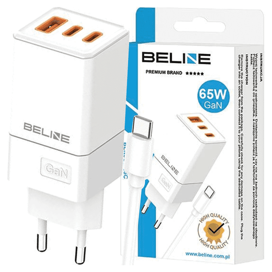 UNBRANDED BELINE ŁAD. SÍŤ. 2X USB-C + 1X USB 65W + USB-C KABEL BÍLÝ/BÍLÝ PD 3.0 + QC 3.0 BLN3CW65C GAN