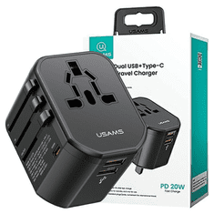 USAMS SÍŤOVÝ ADAPTÉR USAMS 2XUSB+1XUSB-C T59 20W 4V1 USA/AU/EU/UK ČERNÁ/ČERNÁ CC179TC01 (US-CC179) UNIVERZÁLNÍ CESTOVNÍ NABÍJEČKA