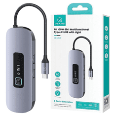 USAMS USAMS ADAPTÉR HUB 6V1 2XUSB 3.0/TF/SD/USB-C/HDMI PD100W ŠEDÝ/ZAKALENÝ SJ642HUB01 (US-SJ642)