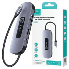 USAMS USAMS ADAPTÉR HUB 8V1 3XUSB 3.0/TF/SD/USB-C/HDMI/RJ45 PD100W ŠEDÝ/ZAKALENÝ SJ643HUB01 (US-SJ643)