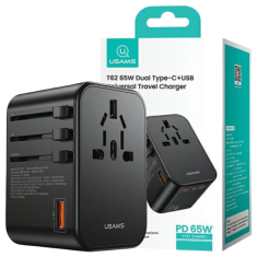 USAMS SÍŤOVÝ ADAPTÉR USAMS 1XUSB+2XUSB-C T62 65W 4V1 USA/AU/EU/UK ČERNÁ/ČERNÁ CC199TC01 (US-CC199) UNIVERZÁLNÍ CESTOVNÍ NABÍJEČKA