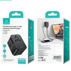 USAMS SÍŤOVÝ ADAPTÉR USAMS 1XUSB+2XUSB-C T62 65W 4V1 USA/AU/EU/UK ČERNÁ/ČERNÁ CC199TC01 (US-CC199) UNIVERZÁLNÍ CESTOVNÍ NABÍJEČKA