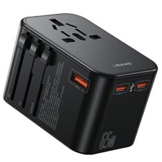 USAMS SÍŤOVÝ ADAPTÉR USAMS 1XUSB+2XUSB-C T62 65W 4V1 USA/AU/EU/UK ČERNÁ/ČERNÁ CC199TC01 (US-CC199) UNIVERZÁLNÍ CESTOVNÍ NABÍJEČKA