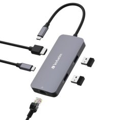 Verbatim ADAPTÉROVÝ ROZBOČOVAČ VERBATIM USB-C - HDMI/USB-C/ETERNET/2XUSB-A 3.0 HLINÍK/HLINÍK 32150