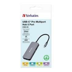 Verbatim ADAPTÉROVÝ ROZBOČOVAČ VERBATIM USB-C - HDMI/USB-C/ETERNET/2XUSB-A 3.0 HLINÍK/HLINÍK 32150