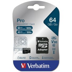 Verbatim VERBATIM 64GB MICROSD KARTA + ADAPTÉR PRO U3 ČERNÁ/ČERNÁ 47042