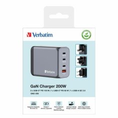 Verbatim VERBATIM GAN 200W SÍŤOVÁ NABÍJEČKA 3XUSB-C/USB-A + EU/UK/US GNC-200 ADAPTÉR 32204